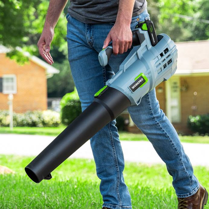 מוֹעִיל WORKPRO מפוח עלים אלחוטי 20V עם 5 מהירויות מתכווננות בקיבולת 4.0ah סוללה גדולה יותר ומטען מהיר כלול כְּלִי L40Z292