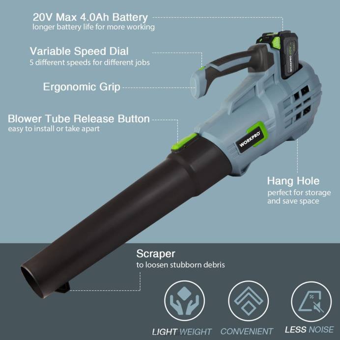 מוֹעִיל WORKPRO מפוח עלים אלחוטי 20V עם 5 מהירויות מתכווננות בקיבולת 4.0ah סוללה גדולה יותר ומטען מהיר כלול כְּלִי L40Z292
