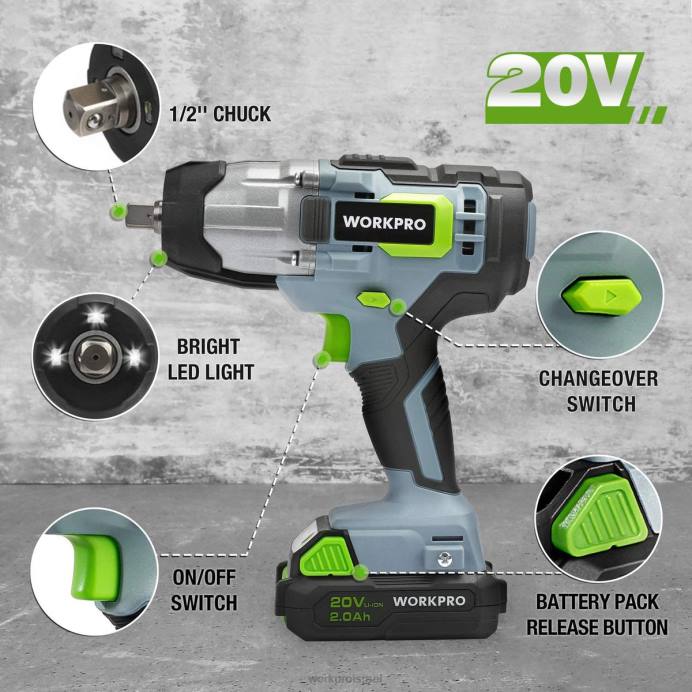 מורדן WORKPRO מפתח ברגים אלחוטי 20V עם תפס חגורת מטען מהיר לנשיאה קלה כְּלִי L40Z187