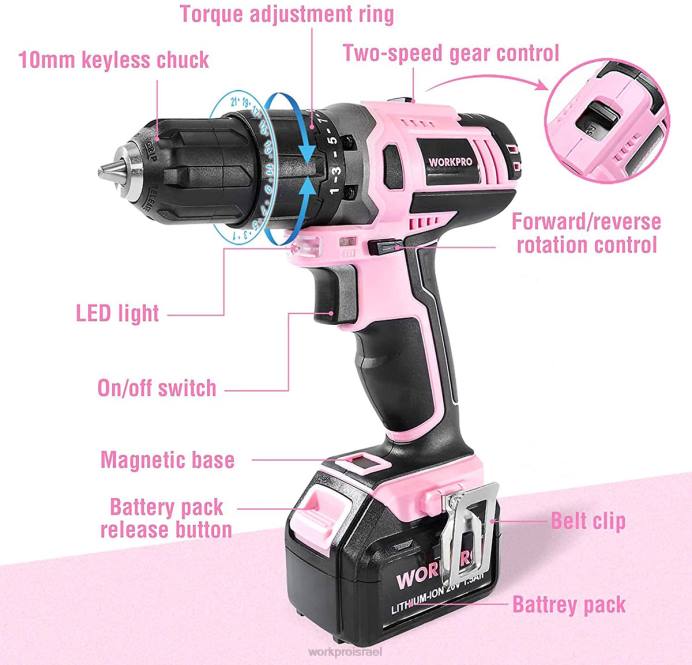 וָרוֹד WORKPRO סט מקדחי ליתיום-יון אלחוטי 20V כְּלִי L40Z262
