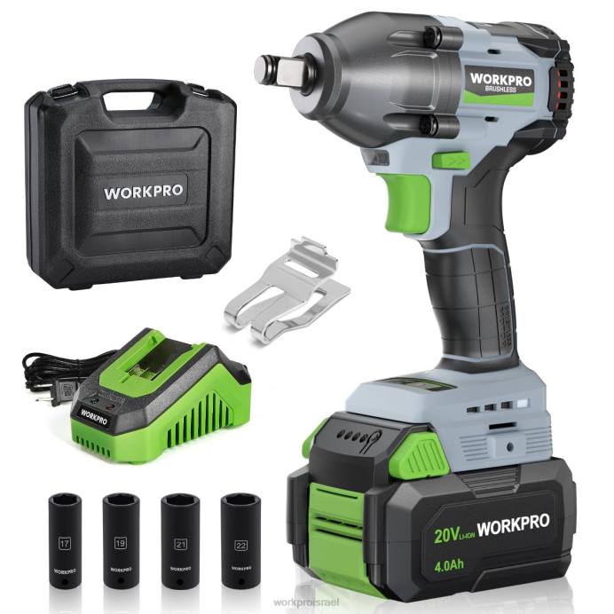 מורדן WORKPRO מפתח פגיעה אלחוטי 20 וולט, עם סוללה 4.0 ah, מטען מהיר, 4 שקעי פגיעה ונרתיק אחסון כְּלִי L40Z188