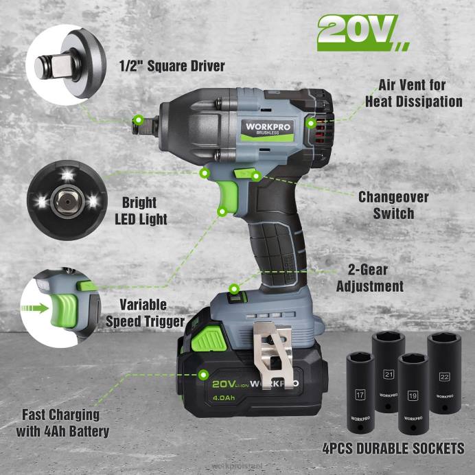 מורדן WORKPRO מפתח פגיעה אלחוטי 20 וולט, עם סוללה 4.0 ah, מטען מהיר, 4 שקעי פגיעה ונרתיק אחסון כְּלִי L40Z188