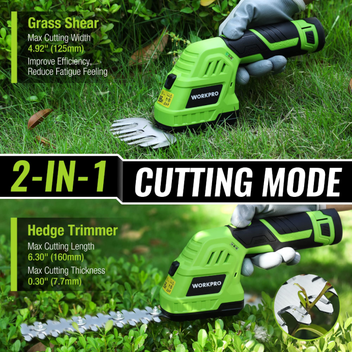 מורדן WORKPRO 2 ב-1 12v חשמלי גזם גידור דשא וגוזם שיחים כף יד, עם סוללת ליתיום-יון נטענת בקיבולת 2.0ah ומטען מהיר לשעה כְּלִי L40Z301