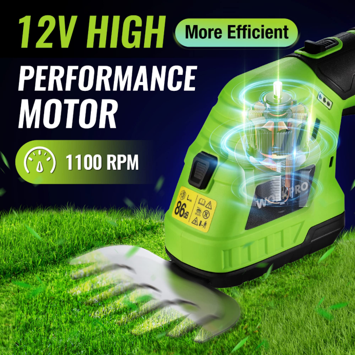 מורדן WORKPRO 2 ב-1 12v חשמלי גזם גידור דשא וגוזם שיחים כף יד, עם סוללת ליתיום-יון נטענת בקיבולת 2.0ah ומטען מהיר לשעה כְּלִי L40Z301