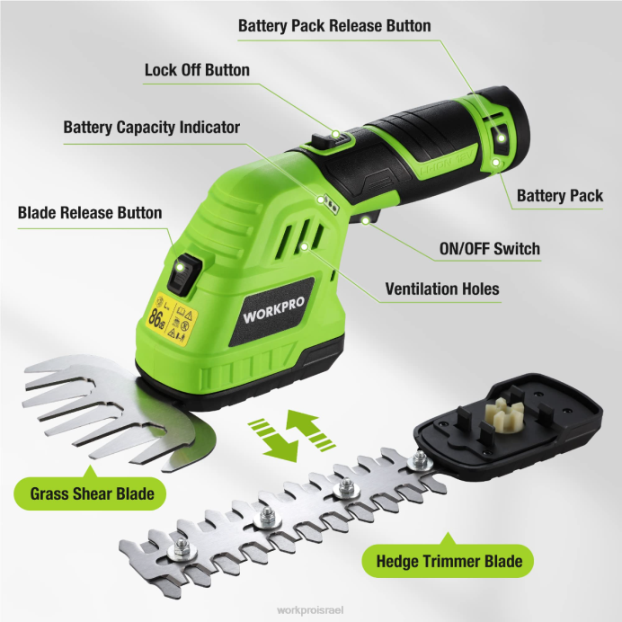 מורדן WORKPRO 2 ב-1 12v חשמלי גזם גידור דשא וגוזם שיחים כף יד, עם סוללת ליתיום-יון נטענת בקיבולת 2.0ah ומטען מהיר לשעה כְּלִי L40Z301