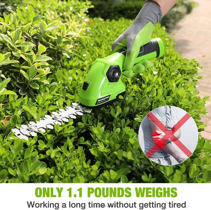 ירוק לבן WORKPRO גוזם דשא אלחוטי וגוזם שיחים 2 ב-1 גוזם גדר חיה כף יד 7.2V גוזם דשא חשמלי מזמר גידור דשא כְּלִי L40Z297