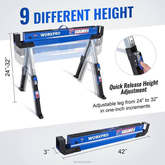 חָדָשׁ WORKPRO 2 יחידות סוס מסור מתקפל מתכוונן סוס מסור כבד עם 2x4 זרועות תמיכה, קיבולת עומס של 3000 פאונד, רגליים מתכווננות לגובה 24-32 אינץ', רגליות מסתובבות ויתדות תמיכה אִחסוּן L40Z35