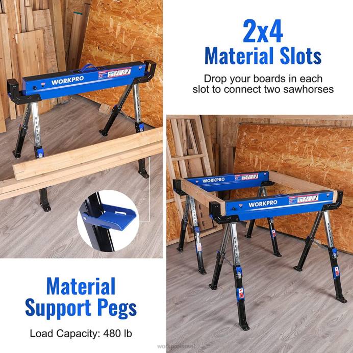 חָדָשׁ WORKPRO 2 יחידות סוס מסור מתקפל מתכוונן סוס מסור כבד עם 2x4 זרועות תמיכה, קיבולת עומס של 3000 פאונד, רגליים מתכווננות לגובה 24-32 אינץ', רגליות מסתובבות ויתדות תמיכה אִחסוּן L40Z35