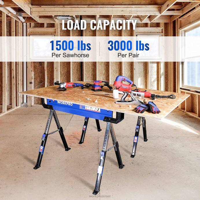 חָדָשׁ WORKPRO 2 יחידות סוס מסור מתקפל מתכוונן סוס מסור כבד עם 2x4 זרועות תמיכה, קיבולת עומס של 3000 פאונד, רגליים מתכווננות לגובה 24-32 אינץ', רגליות מסתובבות ויתדות תמיכה אִחסוּן L40Z35