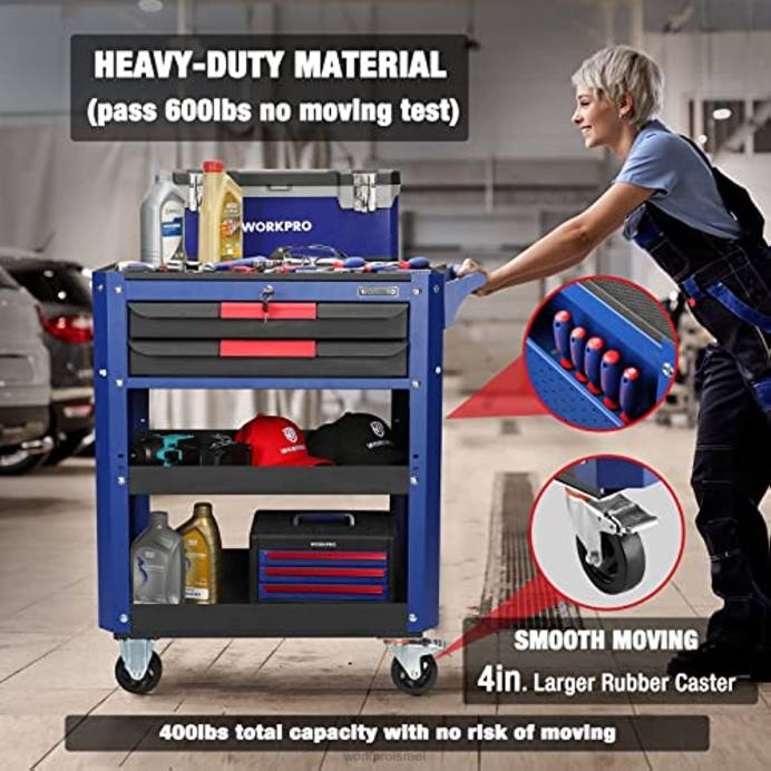 מוֹעִיל WORKPRO עגלת כלים מתגלגלת פרימיום עם 2 מגירות, ארגונית לאחסון עגלת שירות תעשייתית עם גלגלים ומערכת נעילה אִחסוּן L40Z16