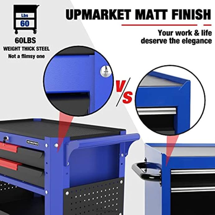 מוֹעִיל WORKPRO עגלת כלים מתגלגלת פרימיום עם 2 מגירות, ארגונית לאחסון עגלת שירות תעשייתית עם גלגלים ומערכת נעילה אִחסוּן L40Z16