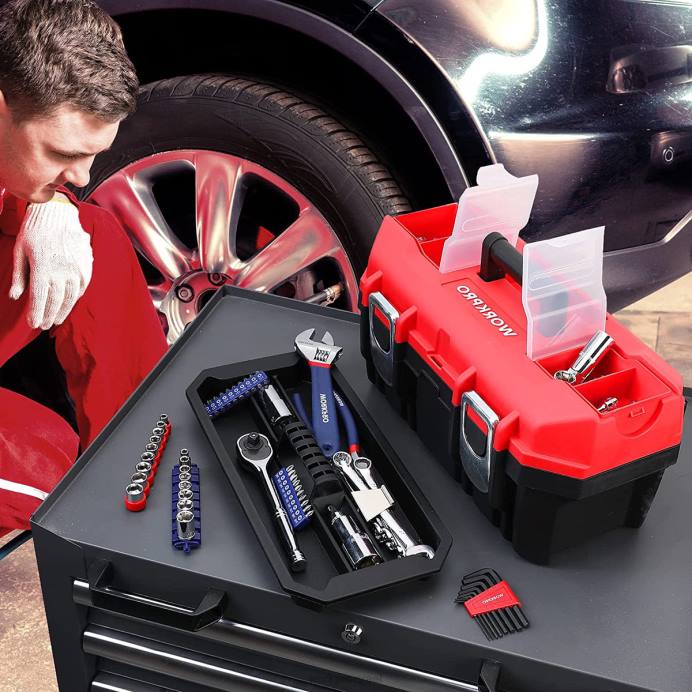 מוֹעִיל WORKPRO ארגז כלים נייד עם מגש נשלף ארגז כלים כבד עם 2 תפסי מתכת אִחסוּן L40Z33