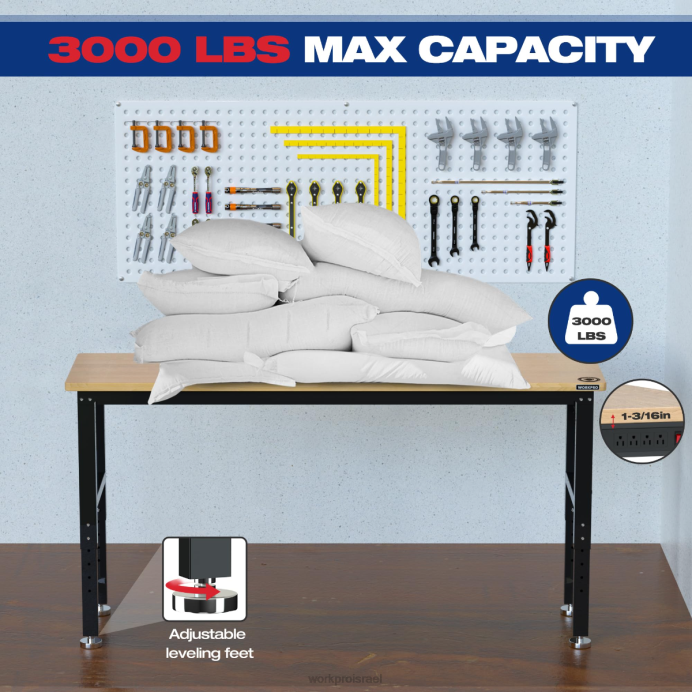 מוֹעִיל WORKPRO שולחן עבודה מתכוונן 3000 פאונד קיבולת עומס מעץ קשה עם שקעי חשמל אִחסוּן L40Z4