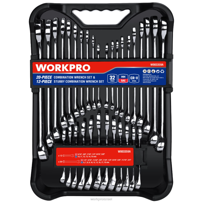 מורדן WORKPRO 32 יחידות Sae & Metric שילוב של 12 נק' מפתח ברגים רגילים וקשוחים כְּלִי L40Z92