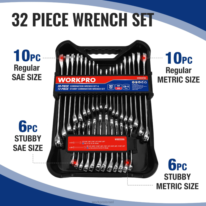 מורדן WORKPRO 32 יחידות Sae & Metric שילוב של 12 נק' מפתח ברגים רגילים וקשוחים כְּלִי L40Z92