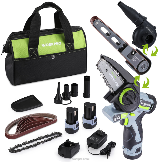 מורדן WORKPRO מלטשת חגורות פרטית אלחוטית, מיני מסור שרשרת, מפוח חשמלי, ערכת כלי עבודה משולבים 3 ב-1 כְּלִי L40Z296