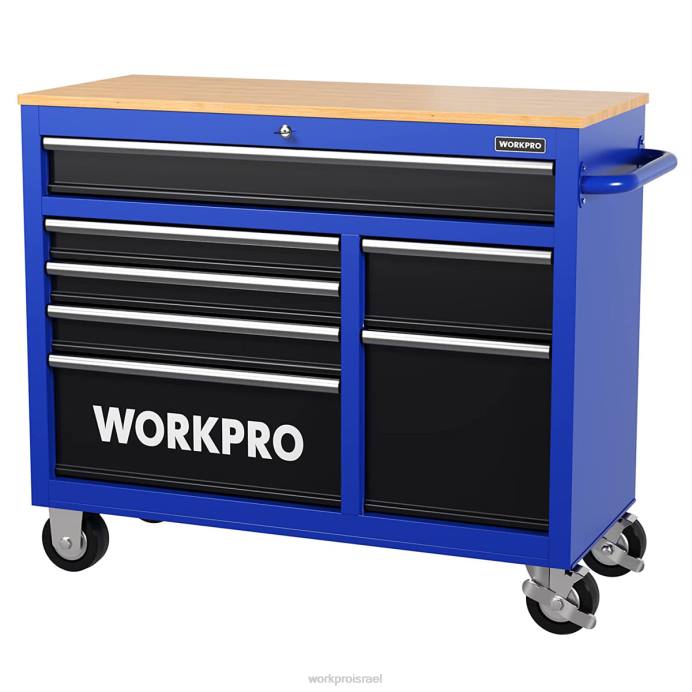חָדָשׁ WORKPRO שידת כלי גלגול 42 אינץ' עם 7 מגירות עם חלק עליון מעץ, מצוידת בגלגלים, ידית, משטח מגירות ומערכת נעילה, קיבולת עומס של 1000 ק"ג אִחסוּן L40Z26
