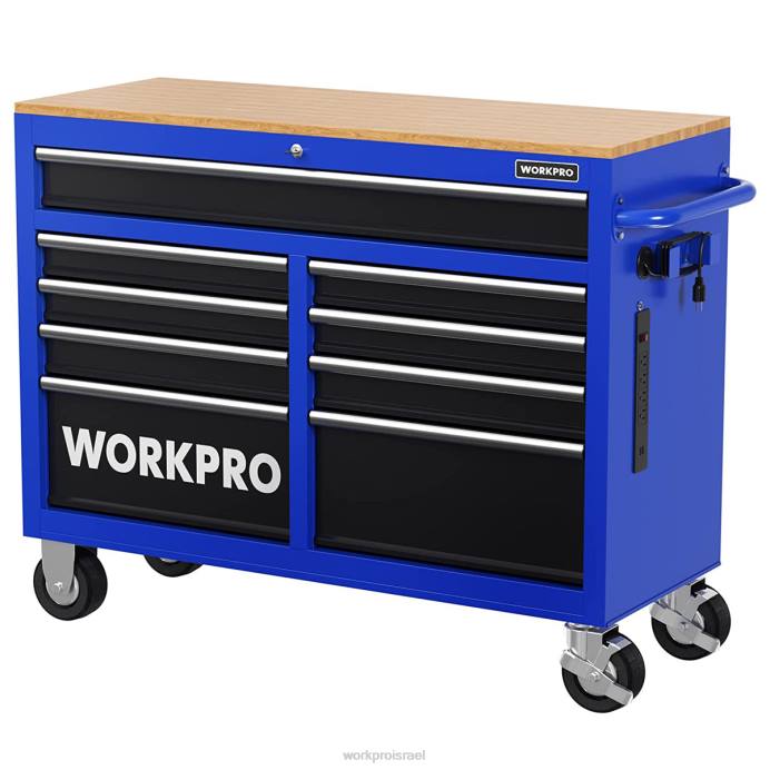 מורדן WORKPRO שידת כלי גלגול 46 אינץ' עם 9 מגירות עם חלק עליון מעץ, מצוידת בגלגלים, ידית, משטח מגירות ומערכת נעילה, קיבולת עומס של 1200 ק"ג אִחסוּן L40Z15