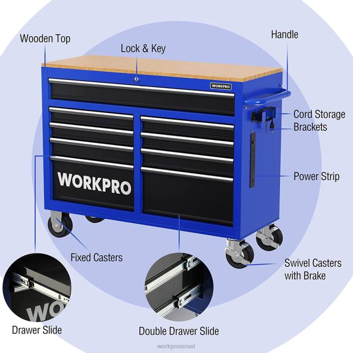 מורדן WORKPRO שידת כלי גלגול 46 אינץ' עם 9 מגירות עם חלק עליון מעץ, מצוידת בגלגלים, ידית, משטח מגירות ומערכת נעילה, קיבולת עומס של 1200 ק