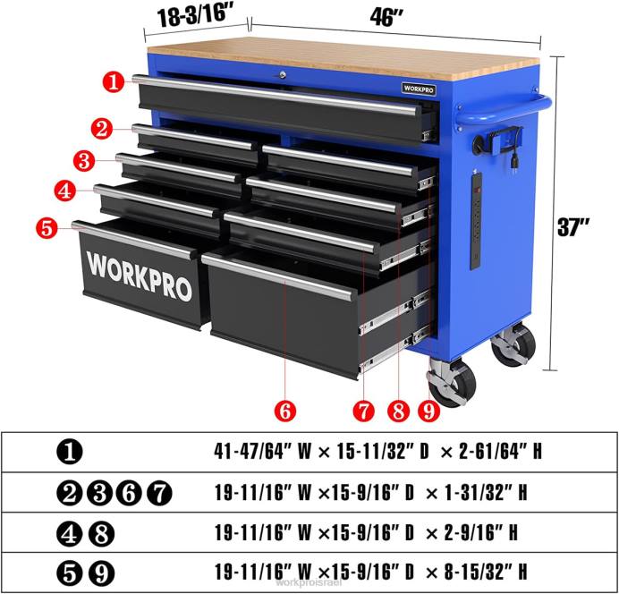 מורדן WORKPRO שידת כלי גלגול 46 אינץ' עם 9 מגירות עם חלק עליון מעץ, מצוידת בגלגלים, ידית, משטח מגירות ומערכת נעילה, קיבולת עומס של 1200 ק