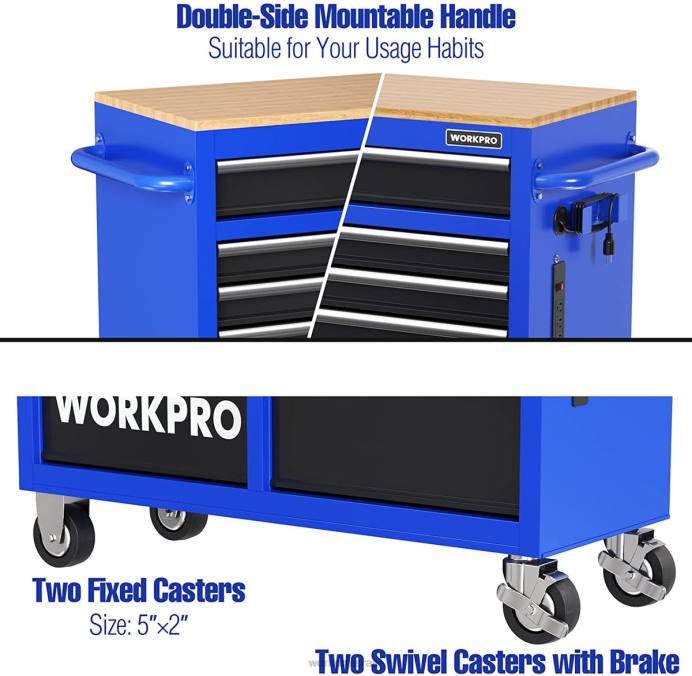 מורדן WORKPRO שידת כלי גלגול 46 אינץ' עם 9 מגירות עם חלק עליון מעץ, מצוידת בגלגלים, ידית, משטח מגירות ומערכת נעילה, קיבולת עומס של 1200 ק