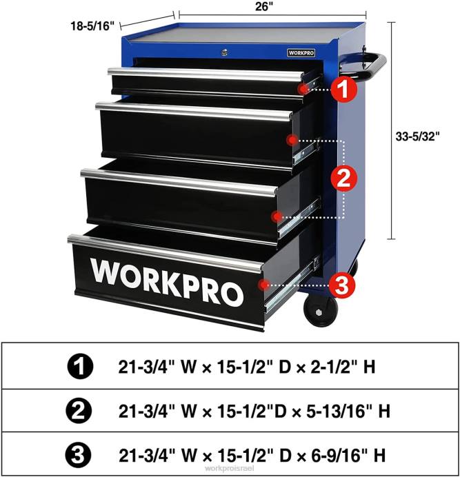 מורדן WORKPRO שידת כלים עם 4 מגירות, ארון אחסון כלי מתכת מתגלגל בגודל 26 אינץ' עם גלגלים, מערכת נעילה, משטח מגירות, קיבולת עומס של 450 ק