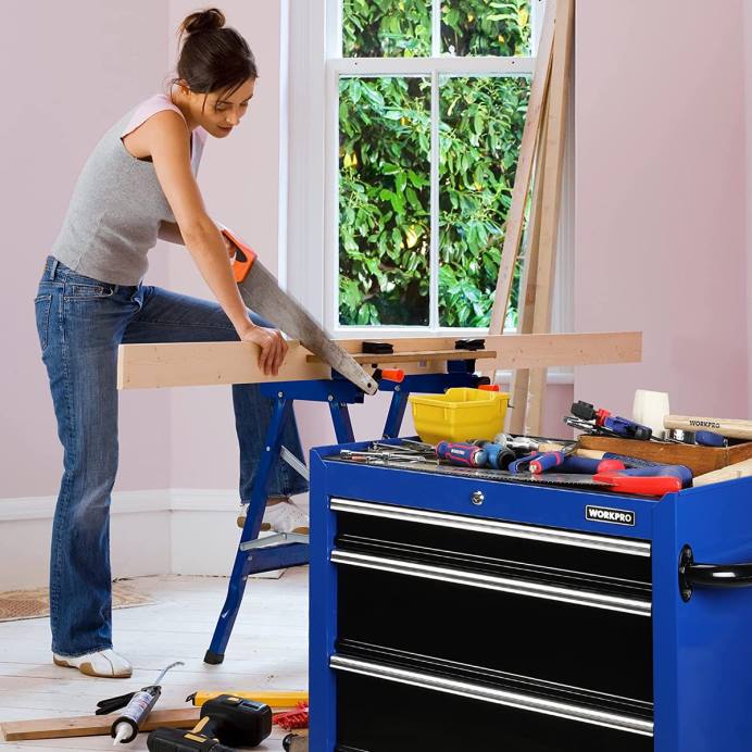 מורדן WORKPRO שידת כלים עם 4 מגירות, ארון אחסון כלי מתכת מתגלגל בגודל 26 אינץ' עם גלגלים, מערכת נעילה, משטח מגירות, קיבולת עומס של 450 ק