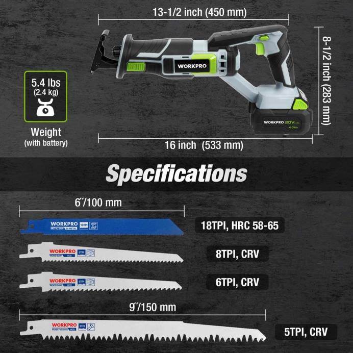 חָדָשׁ WORKPRO מסור חוט אלחוטי, כולל 4 להבי מסור לחיתוך עץ ומתכת כְּלִי L40Z184