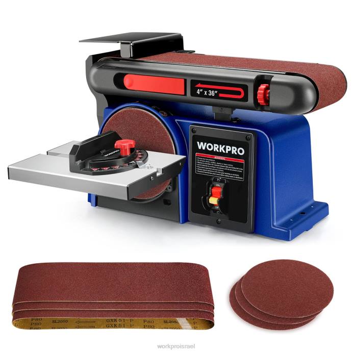 מוֹעִיל WORKPRO מלטשת דיסקים חגורה, 4 אינץ' x 36 אינץ' חגורה ומלטשת דיסקים בגודל 6 אינץ' עם 6 יח' ניירות זכוכית, בסיס ברזל יצוק לשיוף עיבוד עץ כְּלִי L40Z235