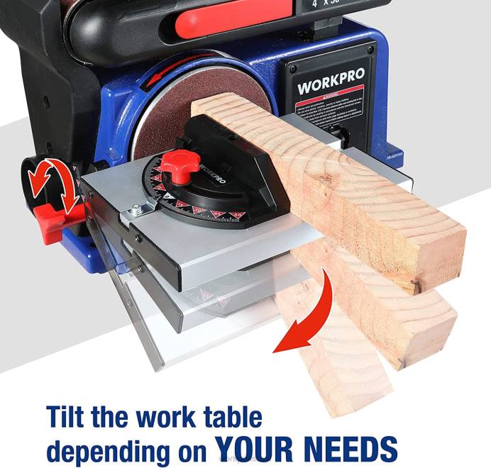 מוֹעִיל WORKPRO מלטשת דיסקים חגורה, 4 אינץ' x 36 אינץ' חגורה ומלטשת דיסקים בגודל 6 אינץ' עם 6 יח' ניירות זכוכית, בסיס ברזל יצוק לשיוף עיבוד עץ כְּלִי L40Z235