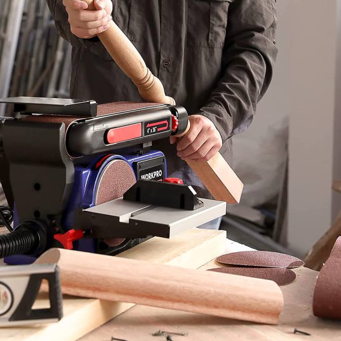 מוֹעִיל WORKPRO מלטשת דיסקים חגורה, 4 אינץ' x 36 אינץ' חגורה ומלטשת דיסקים בגודל 6 אינץ' עם 6 יח' ניירות זכוכית, בסיס ברזל יצוק לשיוף עיבוד עץ כְּלִי L40Z235