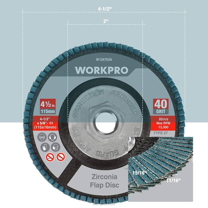 מוֹעִיל WORKPRO דיסק דש זירקוניה 5 חבילות, דיסק שיוף מטחנה זווית, גלגלי שיוף בגודל 4-1/2 אינץ' כְּלִי L40Z206