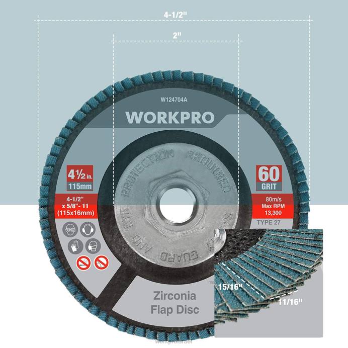 מוֹעִיל WORKPRO דיסק דש זירקוניה 5 חבילות, דיסק שיוף מטחנה זווית, גלגלי שיוף בגודל 4-1/2 אינץ' כְּלִי L40Z206