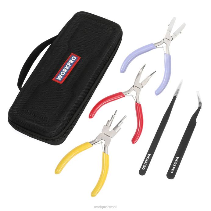 מוֹעִיל WORKPRO 5 יחידות צבת תכשיטים, כלי תכשיטים כולל צבת לולאת תיל 6 ב-1, פלייר ניילון, פלייר אף כפוף, פינצטה מחודדת, פינצטה מעוקלת כְּלִי L40Z75
