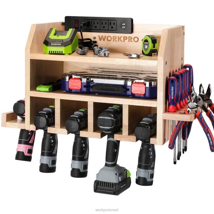 מוֹעִיל WORKPRO מארגן כלי חשמלי, מחזיק מקדחה אלחוטית תושבת קיר לאחסון עם 5 חריצי תלייה במקדחה, אחסון כלים מעץ מלא אִחסוּן L40Z19