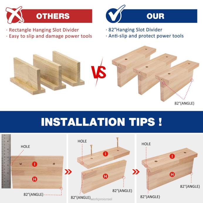 מוֹעִיל WORKPRO מארגן כלי חשמלי, מחזיק מקדחה אלחוטית תושבת קיר לאחסון עם 5 חריצי תלייה במקדחה, אחסון כלים מעץ מלא אִחסוּן L40Z19