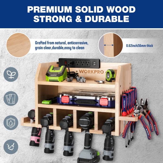 מוֹעִיל WORKPRO מארגן כלי חשמלי, מחזיק מקדחה אלחוטית תושבת קיר לאחסון עם 5 חריצי תלייה במקדחה, אחסון כלים מעץ מלא אִחסוּן L40Z19