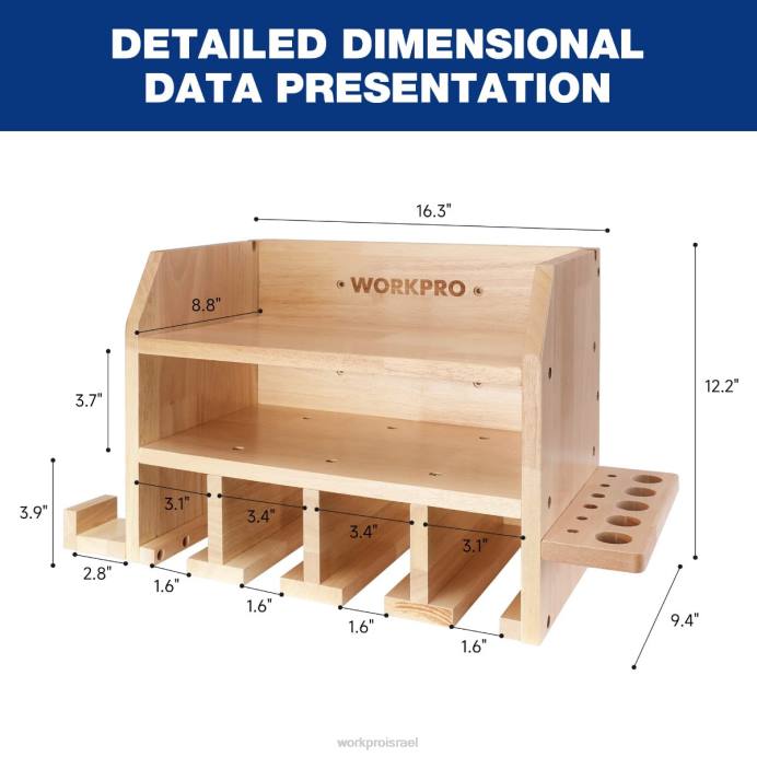 מוֹעִיל WORKPRO מארגן כלי חשמלי, מחזיק מקדחה אלחוטית תושבת קיר לאחסון עם 5 חריצי תלייה במקדחה, אחסון כלים מעץ מלא אִחסוּן L40Z19