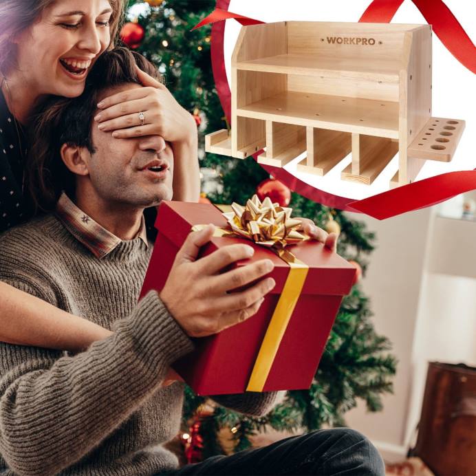 מוֹעִיל WORKPRO מארגן כלי חשמלי, מחזיק מקדחה אלחוטית תושבת קיר לאחסון עם 5 חריצי תלייה במקדחה, אחסון כלים מעץ מלא אִחסוּן L40Z19