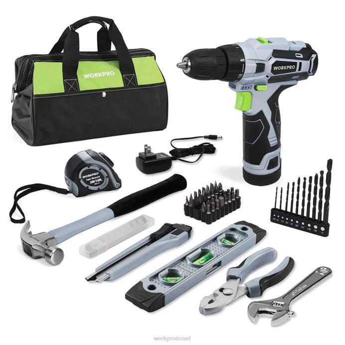 אפור WORKPRO 61 יחידות מקדחה אלחוטית 12V וערכת כלים ביתית, תיק אחסון בגודל 14 אינץ' כלול כְּלִי L40Z174