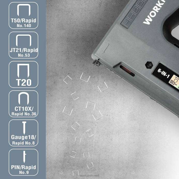 מוֹעִיל WORKPRO אקדח סיכות נטען אלחוטי 6 ב-1 3.6V כְּלִי L40Z166