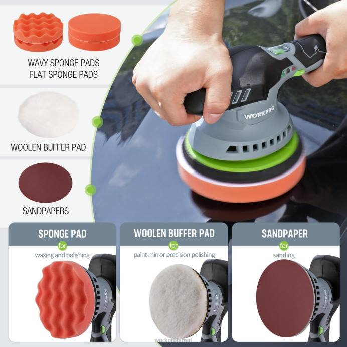 מורדן WORKPRO 6 אינץ' מלטש חיץ אלחוטי לרכב עם פעולה כפולה עם 2 יחידות סוללה נטענת 12V כְּלִי L40Z238