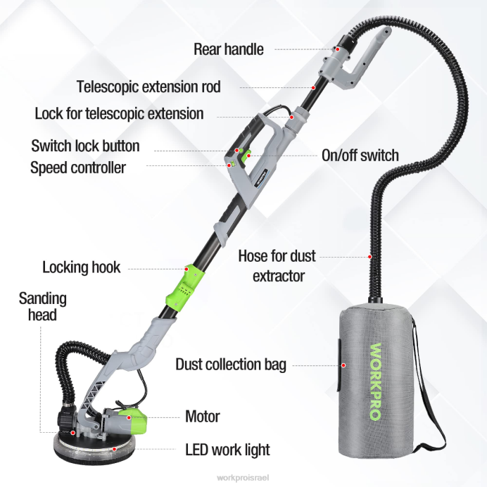 מורדן WORKPRO מלטשת קיר גבס חשמלית 720w עם ואקום כְּלִי L40Z228