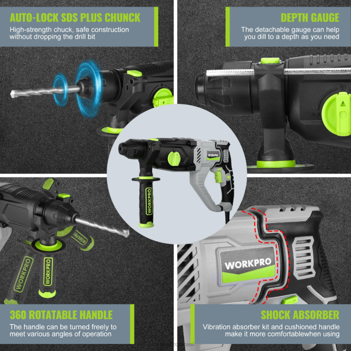 מוֹעִיל WORKPRO מקדחה סיבובית 7.5 אמפר 1-1/4 אינץ' פרימיום sds פלוס, גרסת חוטים קלה כְּלִי L40Z178