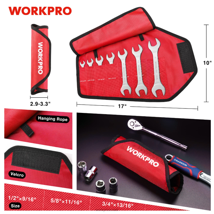מוֹעִיל WORKPRO סט מפתח ברגים סופר-דק מטרי 7 יחידות עם נרתיק ארגונית רול-אפ כְּלִי L40Z96