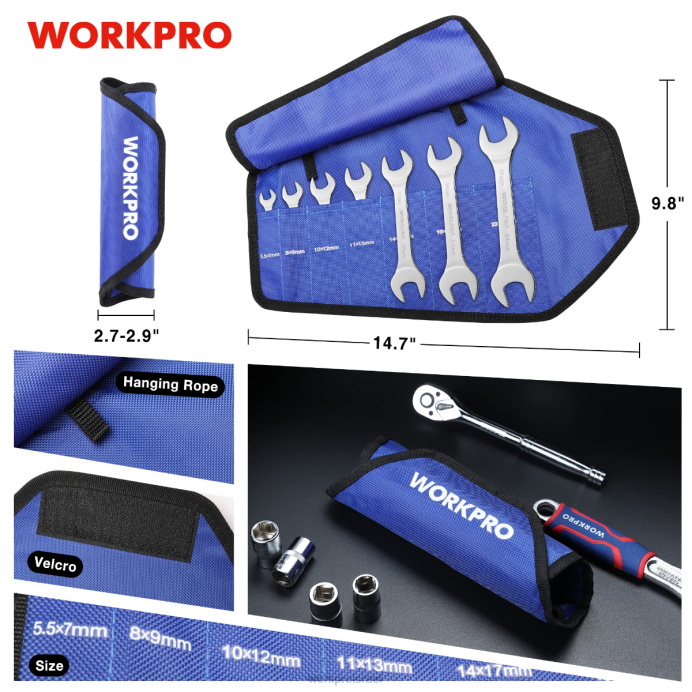 מוֹעִיל WORKPRO סט מפתח ברגים סופר-דק מטרי 7 יחידות עם נרתיק ארגונית רול-אפ כְּלִי L40Z96