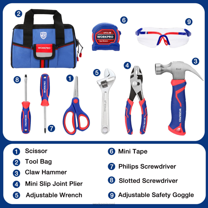 ורוד כחול WORKPRO סט כלים ג'וניור לילדים 9 יחידות עם תיק כלים כְּלִי L40Z253