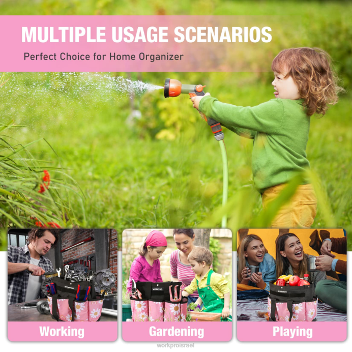 פרחוני לבן/ורוד פרחוני WORKPRO תיק כלי גינה עם 9 כיסים אִחסוּן L40Z286