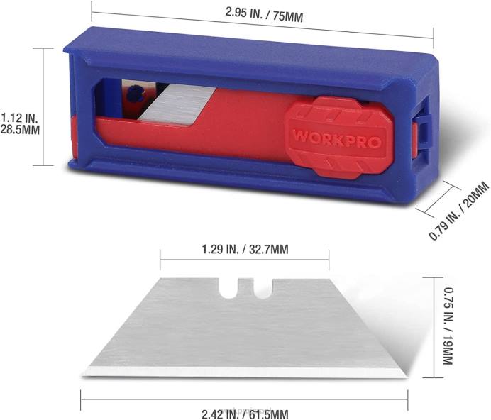 מורדן WORKPRO להבי סכין, מילוי להבי חותך קופסת פלדה sk5, גודל סטנדרטי עם מתקן אישי, חבילה של 50 כְּלִי L40Z55